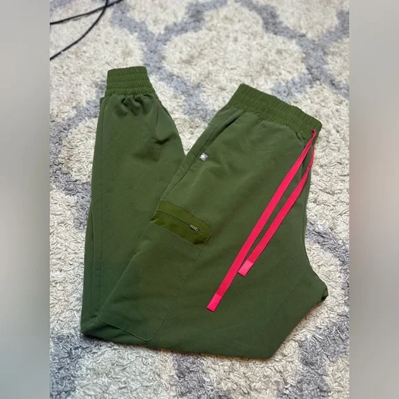 Figs Olive Green Joggers with Pink Drawstring - Picture 1 of 6